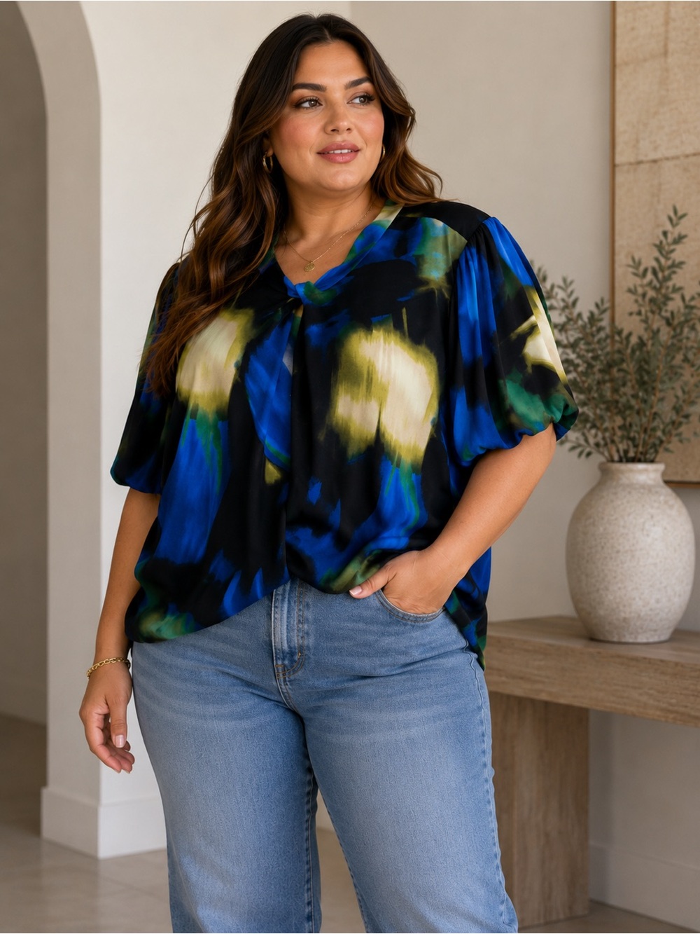 DKNY Size 2X Blue Abstract Print Twist Neck Blouse Plus Size